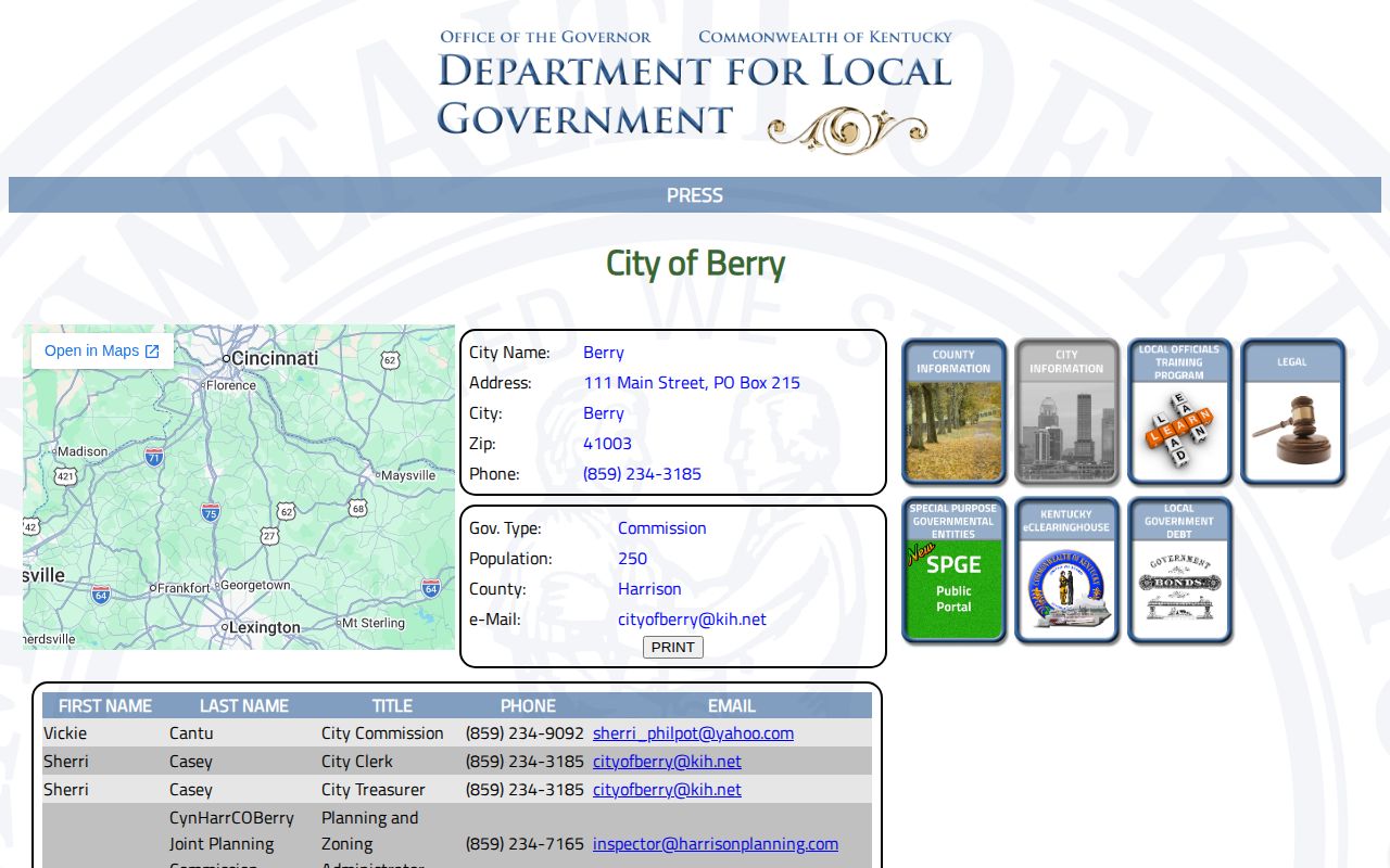 Official Kentucky Department for Local Government Berry city contact page