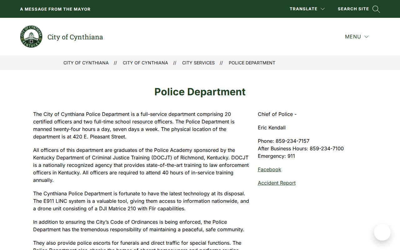 Official City of Cynthiana Police Department webpage