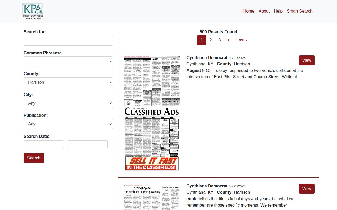 Harrison County public notices search used for local police and court report research