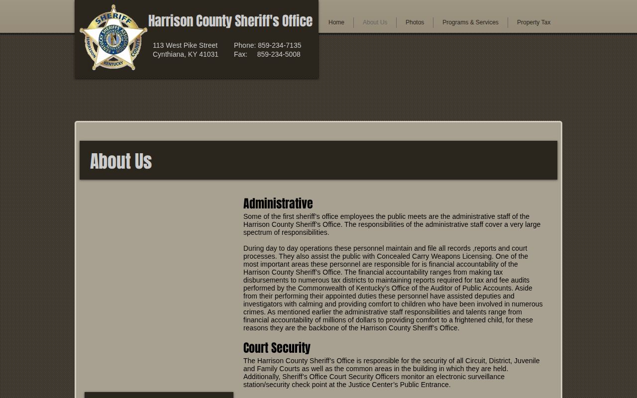 Harrison County Sheriff's Office About Us page showing agency services